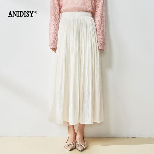 高腰松紧腰珠光丝质绸缎百褶大摆A字半身裙 商品图3