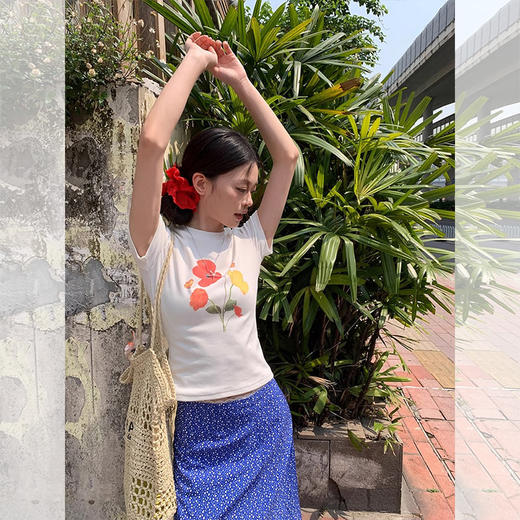 西遇花束图案印花短袖T恤女2026年夏季新款圆领正肩短款白色上衣SS060255 商品图2