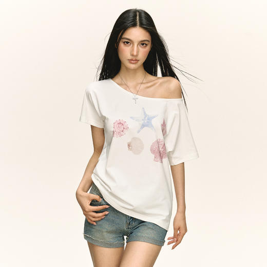 Ariseism 美式复古海星印花斜肩短袖T恤女夏季新款修身上衣 商品图0
