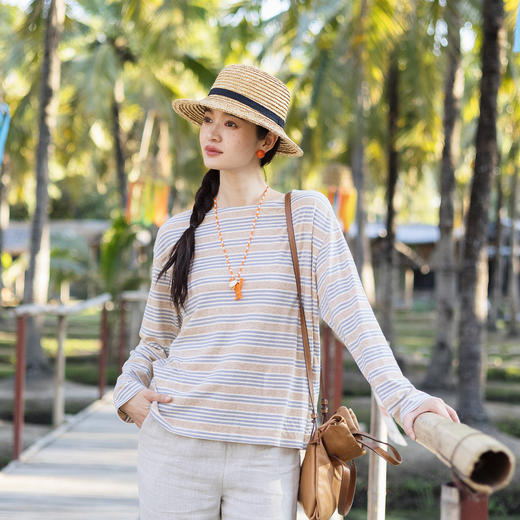 特绽放140朵/一字T*汉麻棉一字肩条纹长袖打底T恤女新款宽松上衣 商品图1