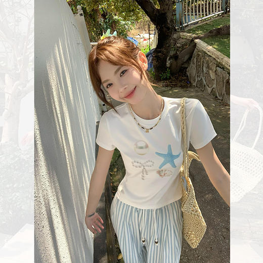 西遇度假风海星贝壳印花短袖T恤女2026夏季新款修身显瘦百搭上衣SS060258 商品图2
