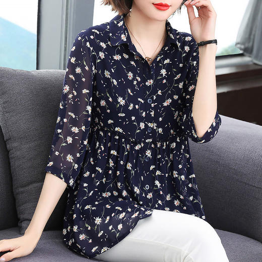 中袖雪纺衫女夏季2026年新款碎花女装上衣中年妈妈七分袖衬衫宽松 商品图2