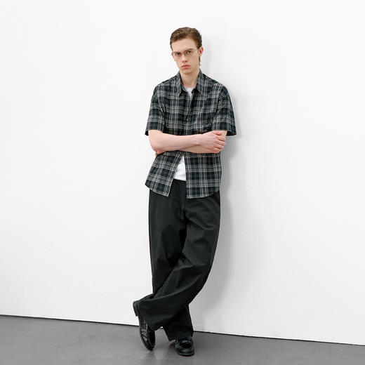 714street夏季新款日系休闲高级感凹凸微皱肌理格子短袖衬衫男款 商品图3