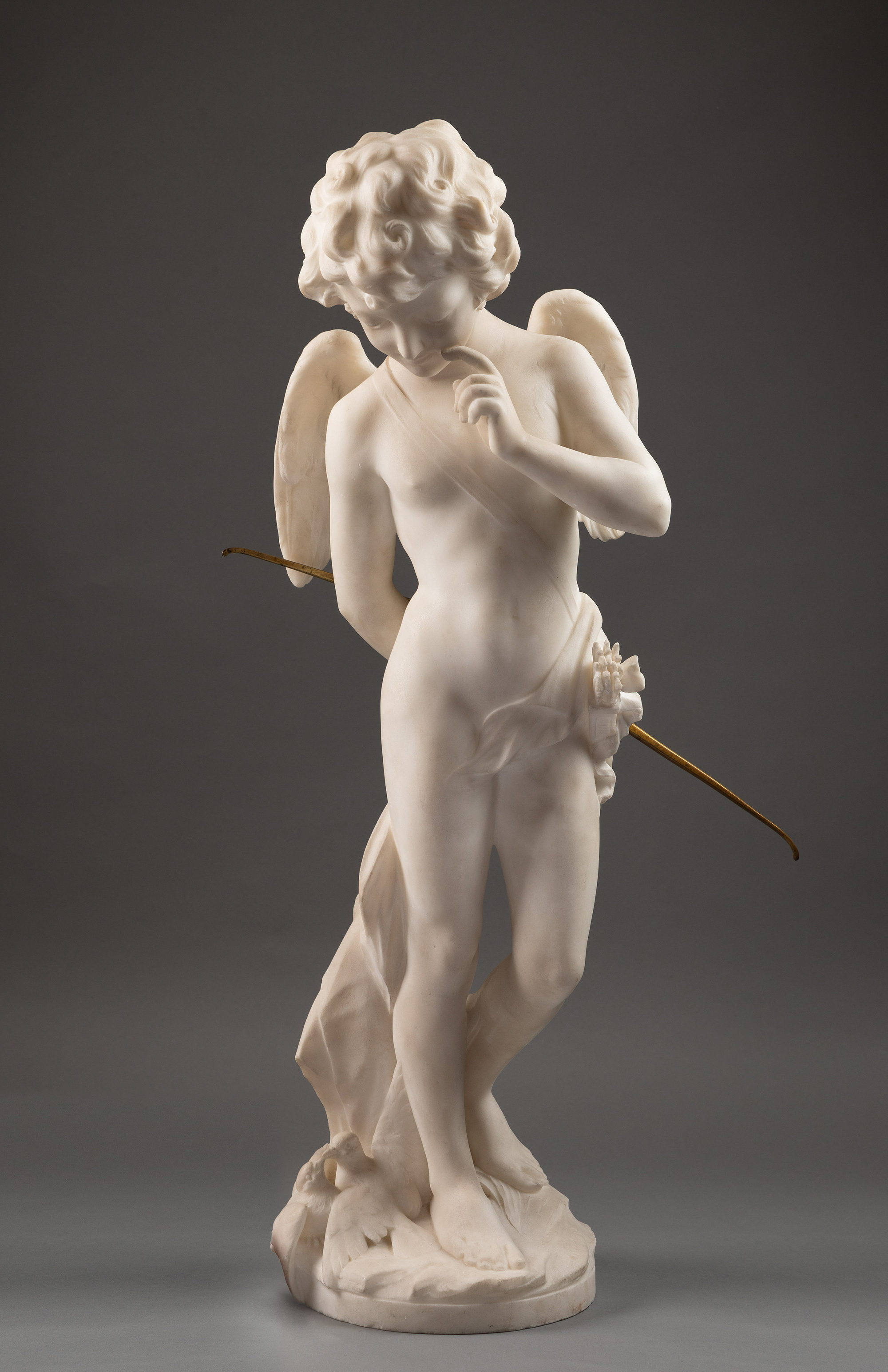 独角鹿西洋古董1907年法国雕塑家E. Thivier签名白色大理石精雕人物雕塑《沉思的小爱神》