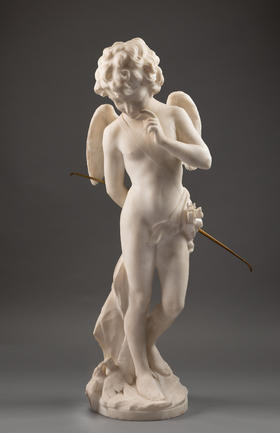 独角鹿西洋古董1907年法国雕塑家E. Thivier签名白色大理石精雕人物雕塑《沉思的小爱神》