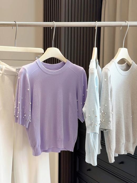 2026夏季新款 韩版小众设计感珍珠点缀宽松百搭针织衫 短袖T恤上衣女 商品图5