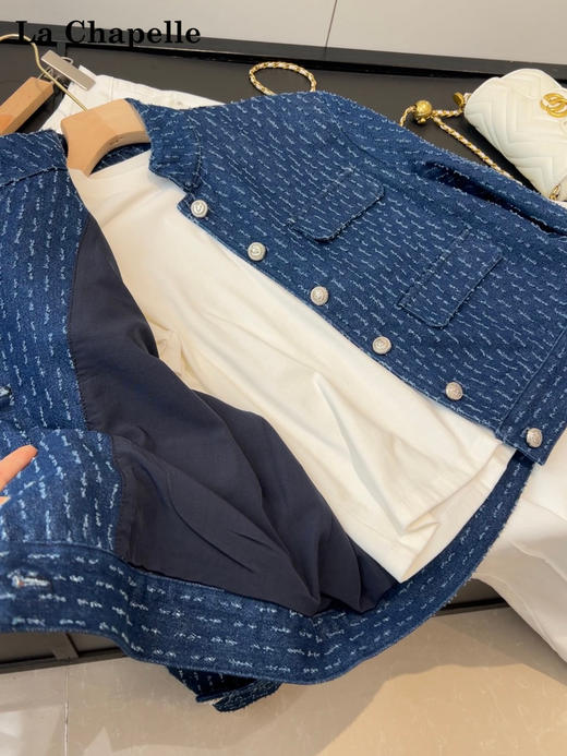 天猫同步【老钱调调~】拉夏贝尔/La Chapelle简约设计立领排扣肌理感小香外套百搭个性牛仔夹克上衣 商品图8