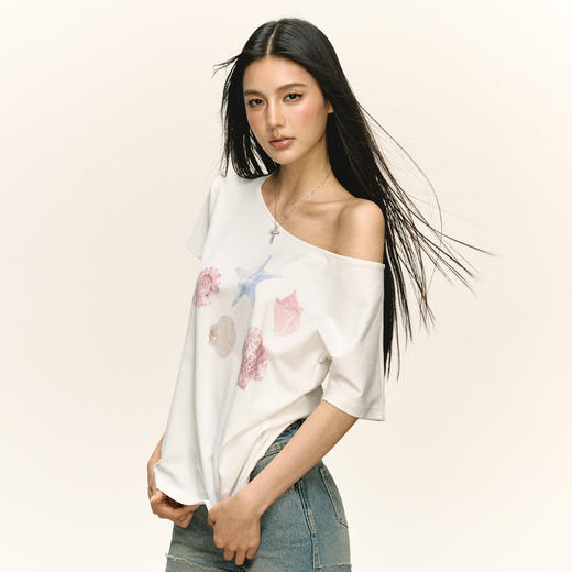 Ariseism 美式复古海星印花斜肩短袖T恤女夏季新款修身上衣 商品图2