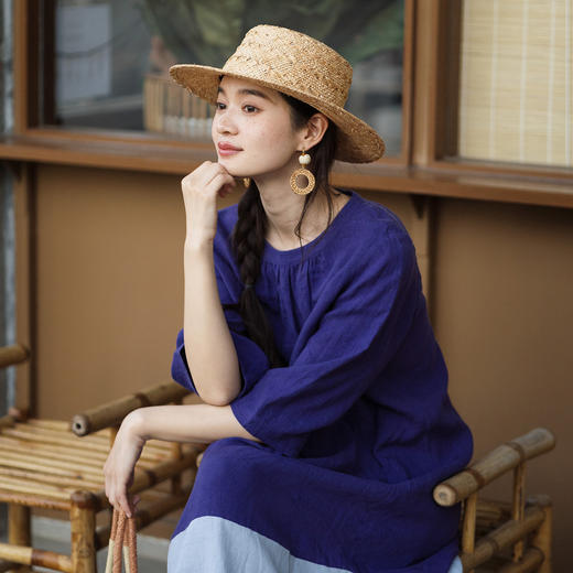 特绽放144朵/出片撞色裙*亚麻V领撞色圆领七分袖连衣裙夏度假长裙 商品图3