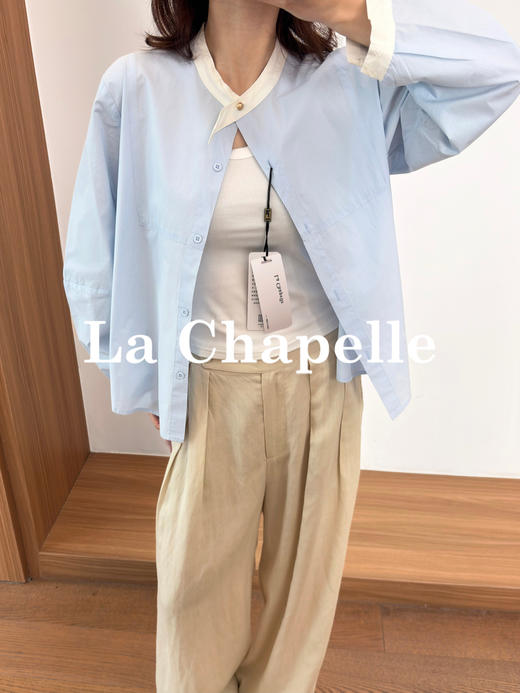 专柜实拍【法式气质！】拉夏贝尔/La Chapelle纯棉亲肤别致撞色领单排扣灯笼袖小众设计休闲衬衫上衣 商品图2