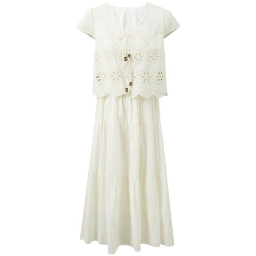 【小樱花连衣裙】三彩2026夏季新款纯棉绣花短袖V领A字裙长裙M 商品图4