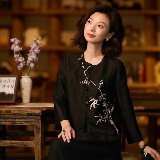 西子/胸有成竹25姆米桑蚕丝非遗香云纱竹叶绣花外套/WTTJ1108 商品图1