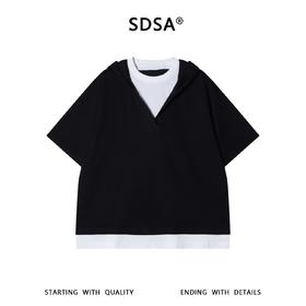 SDSA男装2026新款轻奢潮牌撞色假两件连帽短袖T恤百搭休闲上衣