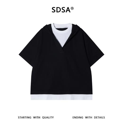 SDSA男装2026新款轻奢潮牌撞色假两件连帽短袖T恤百搭休闲上衣 商品图0