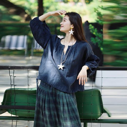 绽放123朵/色织亚麻拼接半开襟T恤女上衣下摆可系带旅行文艺小衫 商品图0