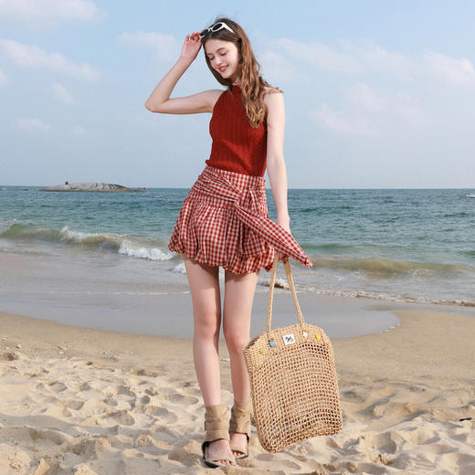 三彩独醒2026夏季新款无袖绞花修身针织衫挂脖半高领毛衫套头F 商品图3