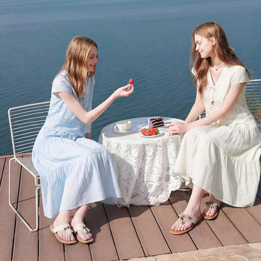 【小樱花连衣裙】三彩2026夏季新款纯棉绣花短袖V领A字裙长裙M 商品图3