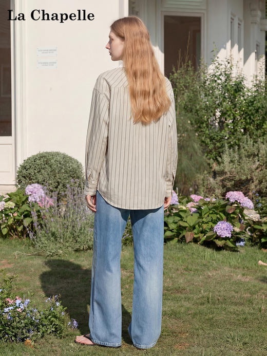 天猫同步【慵懒气质~】拉夏贝尔/La Chapelle撞色翻领竖条纹设计单口袋纯棉刺绣衬衫百搭通勤风上衣 商品图2