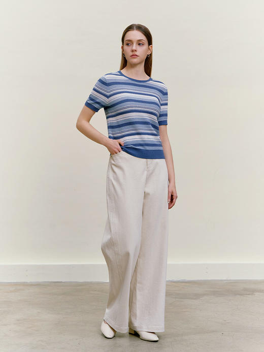 【蓝白条纹针织套衫】26年春夏新品女士棉桑蚕丝亚麻混纺圆领短袖上衣 商品图2