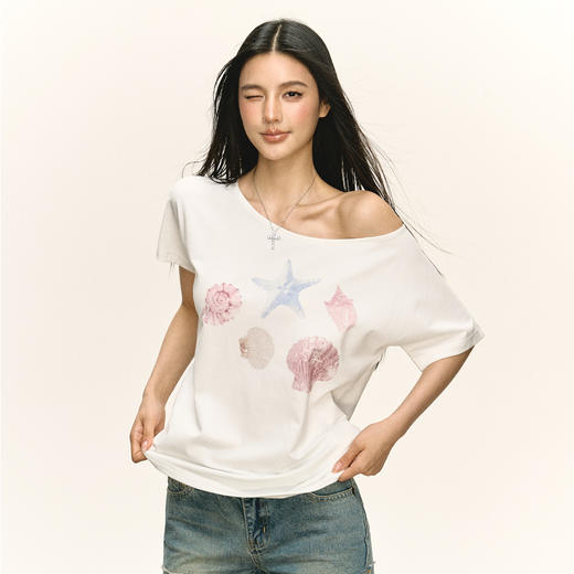 Ariseism 美式复古海星印花斜肩短袖T恤女夏季新款修身上衣 商品图3