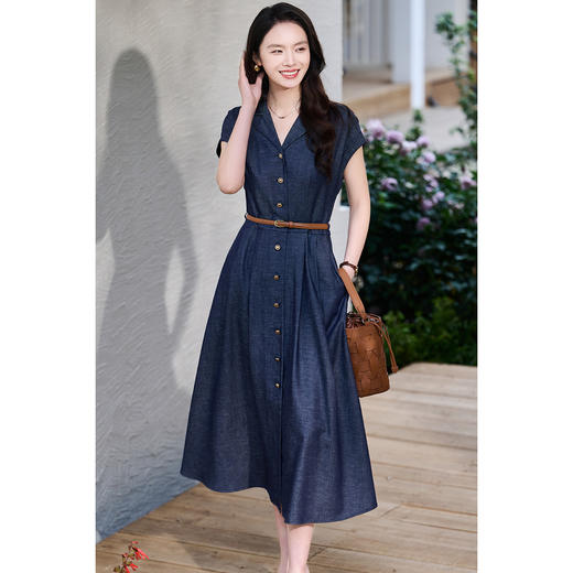 港风复古~天丝亚麻仿牛仔 凉感垂坠 米思阳2026春夏新款深蓝色衬衫领连衣裙女气质收腰显瘦牛仔裙子6147 商品图0