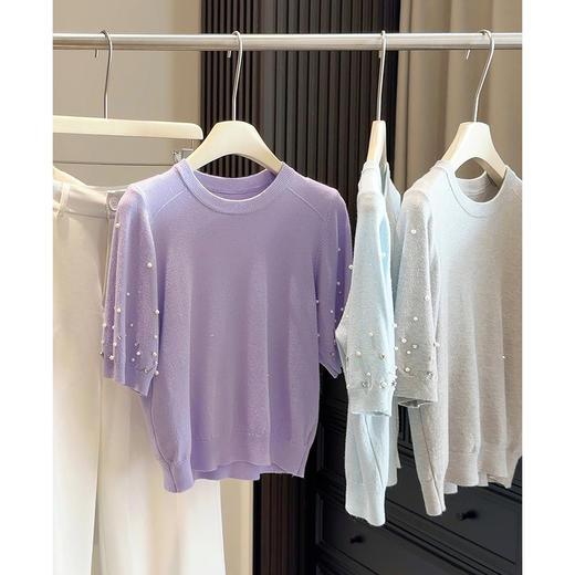 2026夏季新款 韩版小众设计感珍珠点缀宽松百搭针织衫 短袖T恤上衣女 商品图1