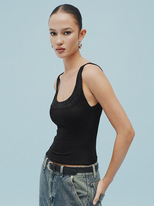 TR她热 时尚心机 黑色蕾丝拼接天丝羊毛带胸垫百搭基础露背背心吊带 商品图1