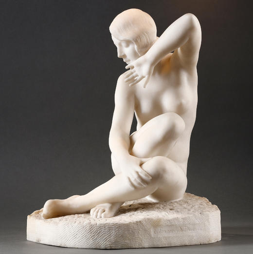 独角鹿西洋古董19世纪末至20世纪初比利时雕塑家Fernand Dubois签名出品卡拉拉大理石精雕人物雕塑《坐姿少女》 商品图1