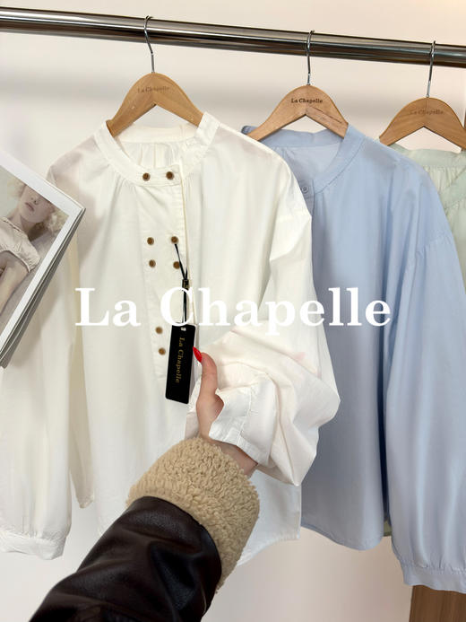 专柜实拍【森系！】拉夏贝尔/La Chapelle全棉小众高级圆领宽松净版娃娃衫双排扣简约通勤风纯棉长袖衬衫 商品图5