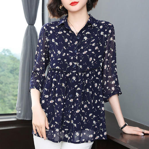 中袖雪纺衫女夏季2026年新款碎花女装上衣中年妈妈七分袖衬衫宽松 商品图1