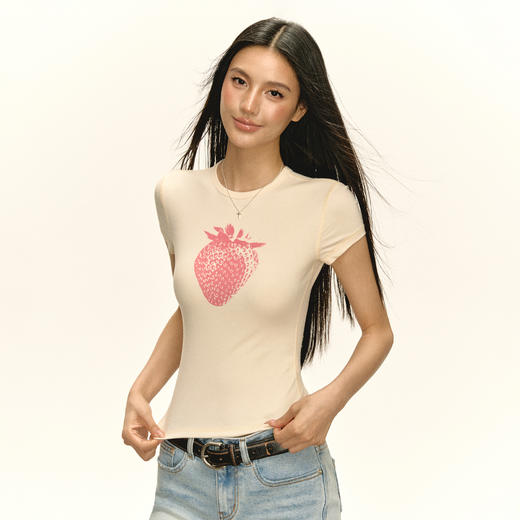 Ariseism 美式复古草莓印花短袖T恤女夏季新款修身上衣 商品图3