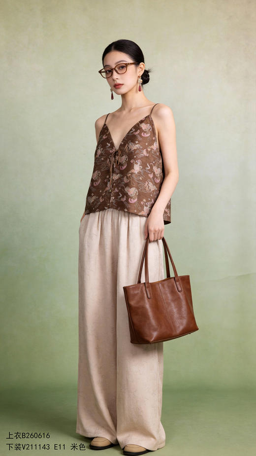 致橡树2023中式棉麻提花阔腿裤休闲裤V211143 商品图1