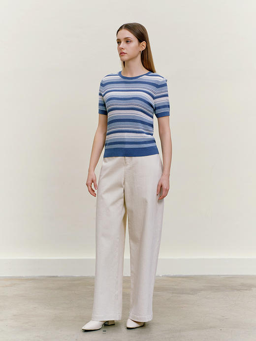 【蓝白条纹针织套衫】26年春夏新品女士棉桑蚕丝亚麻混纺圆领短袖上衣 商品图1