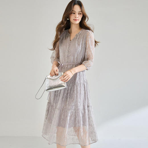「高货sh」全新升级【铂金会员367/天猫489/差价122】(04247)洛诗琳2026春夏新款优雅法式亮片蕾丝7分袖收腰蛋糕连衣裙 商品图1