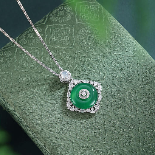 子佩集【碧华盈瑞】银S925套链项链【TL016618】绿玉髓菱四叶草形平安扣内圆外方2602 商品图0
