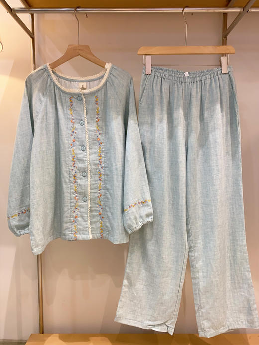 松植屋《织花》女士圆领蕾丝边小刺绣全棉双层纱布长袖长裤睡衣家居服套装 商品图4