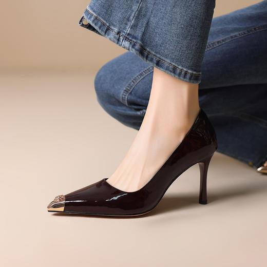 【预售7天】高级感车厘子红浅口单鞋漆皮一脚蹬小皮鞋女细跟尖头高跟鞋FDJ&YC-607 商品图0