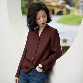 西子/落霞26姆米桑蚕丝桑波缎非遗红云纱斜纹V领衬衣/CSTJ1059