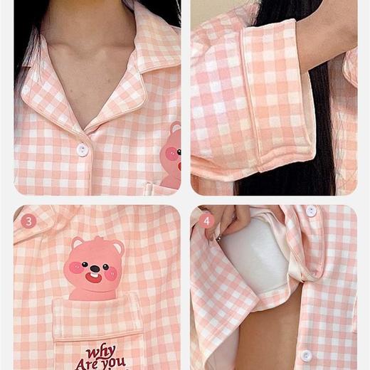 新款少女带胸垫睡衣春秋季长袖长裤开衫翻领家居服套装防凸点夏季M-3XL★娃娃优选 商品图2