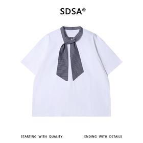 SDSA男装2026新款高贵轻奢美式简约格纹领结飘带短袖T恤百搭休闲