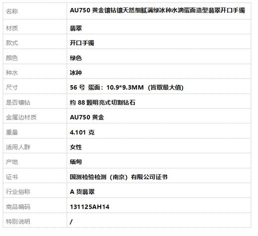 【天然正品】A货翡翠AU750黄金镶钻镶天然细腻满绿冰种水滴蛋面造型翡翠开口手镯56号131125AH14 商品图6