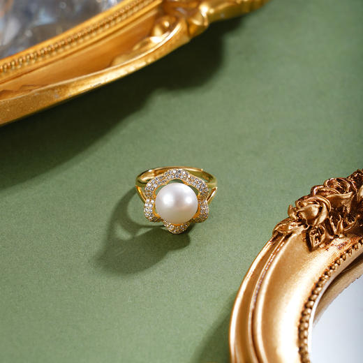 子佩集【繁花物语】银S925珍珠惜王妃戒指【R1873A】10.5mm珠镀金花朵金色珠2601 商品图3