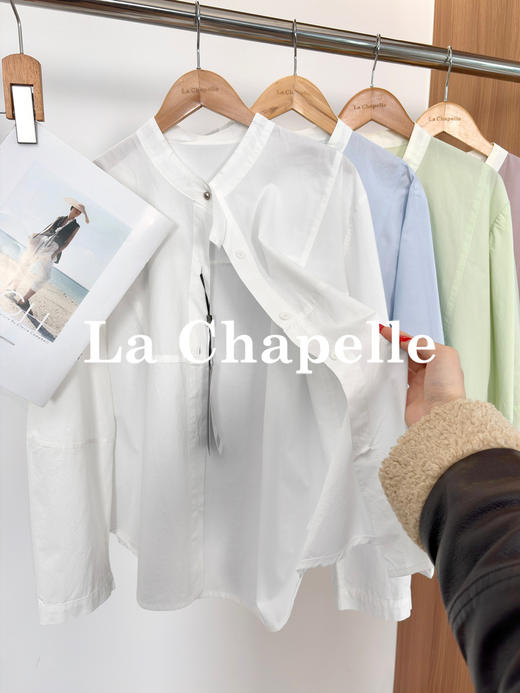 专柜实拍【法式气质！】拉夏贝尔/La Chapelle纯棉亲肤别致撞色领单排扣灯笼袖小众设计休闲衬衫上衣 商品图5