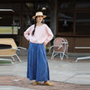 绽放147朵/蓝调*色织亚麻全腰松紧手工压褶裙裤女宽松阔腿休闲裤 商品缩略图1