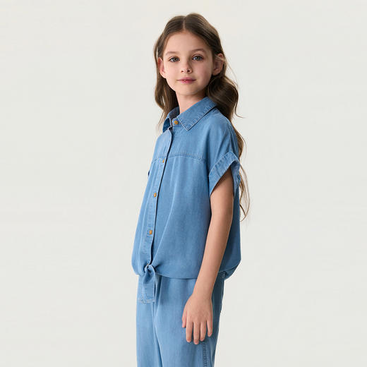 马克珍妮时髦松弛女童扭结牛仔衬衫2026年夏装新款560595 商品图2