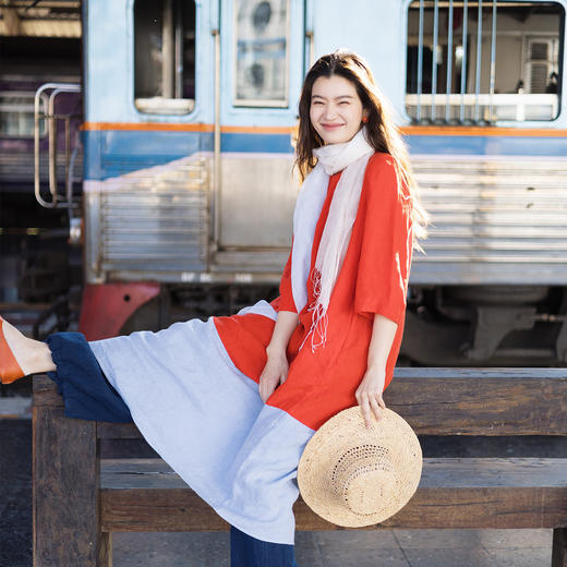 特绽放144朵/出片撞色裙*亚麻V领撞色圆领七分袖连衣裙夏度假长裙 商品图0