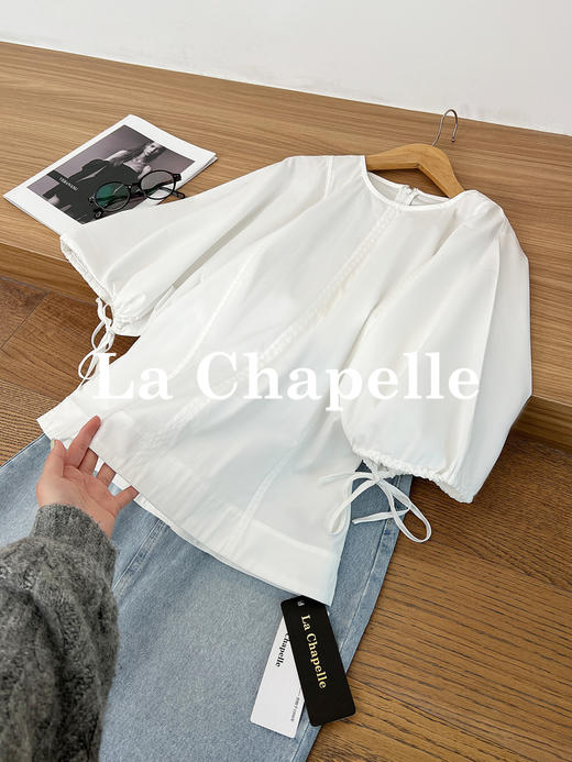 专柜实拍【商场同款！】拉夏贝尔/La Chapelle极简圆领泡泡袖抽绳后背拉链全棉短袖衬衣百搭纯色上衣 商品图0