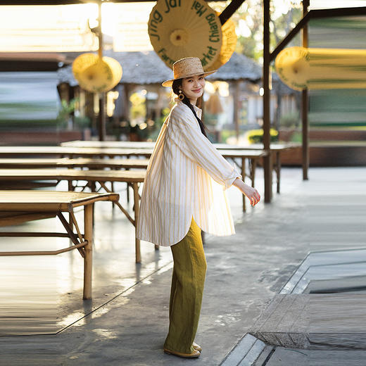 绽放141朵/条纹长衫*侧开衩汉麻棉混纺中长款轻薄衬衫夏新款小衫 商品图3