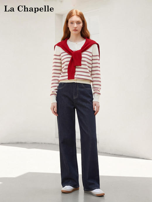 天猫同步【四面弹！敲好穿~】拉夏贝尔/La Chapelle两色一粒扣后腰皮标直筒宽松舒适弹力足牛仔裤 商品图1