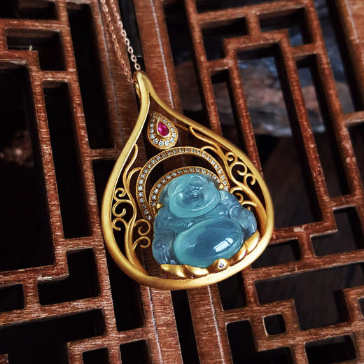 【天然正品】A货翡翠AU750黄金镶钻镶天然细腻浅青冰种佛公造型翡翠吊坠项链 佛公：17.6*14.8MM 131125AH22 商品图4